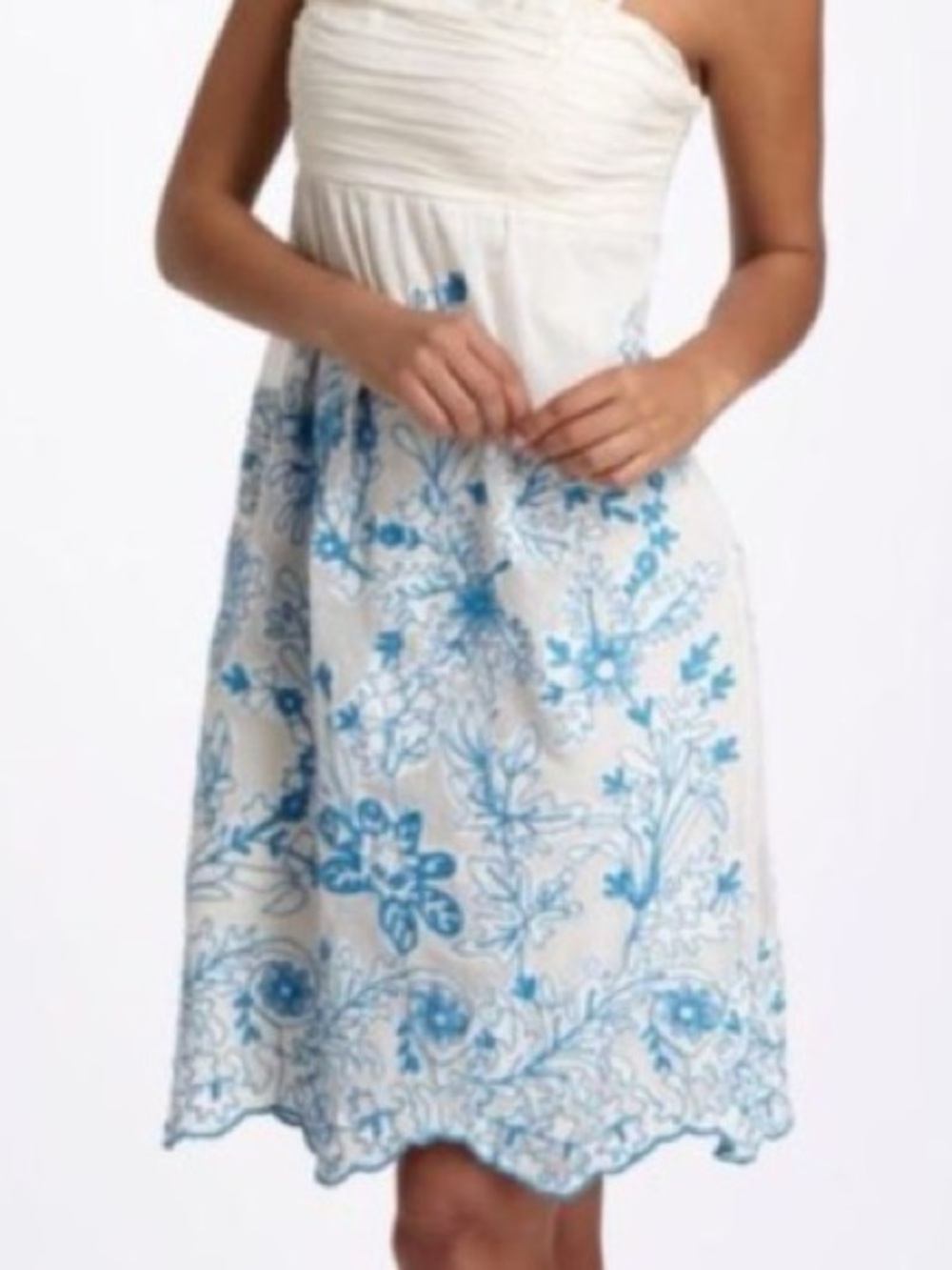 VANESSA VIRGINIA Cream Strapless A-Line Skirt with Turquoise Floral Embroidery